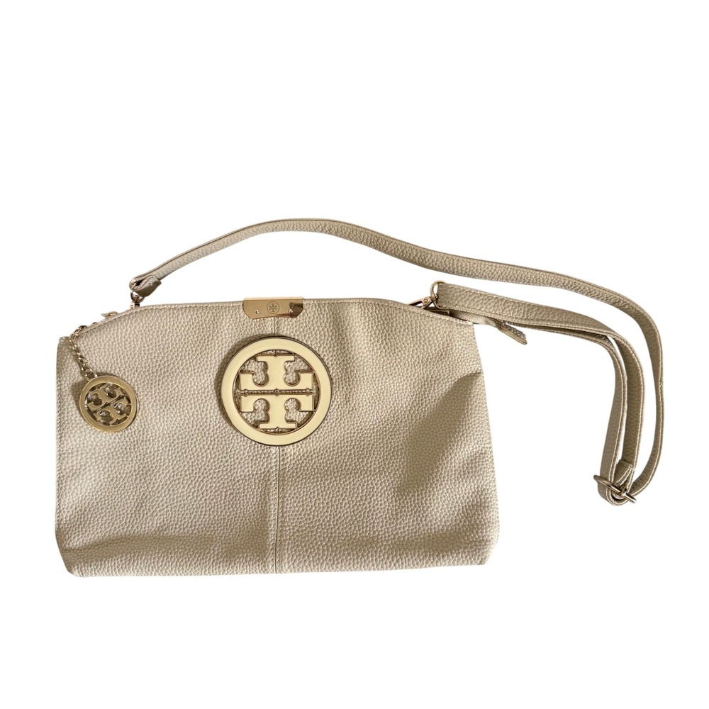 Tory Burch Crossbody Bag Women Medium Beige Pebbled Logo Luxe Preppy Classic